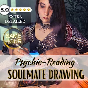Peut inclure: Image avec le texte "Psychic Reading SOULMATE DRAWING", une note de 5 étoiles et les mots "EXTRA DETAILED" et "SAME HOUR". L'image montre une personne aux cheveux foncés et un haut noir à motifs.