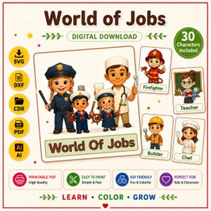May include: A digital download graphic titled "World of Jobs" featuring illustrations of various professions. The image includes a police officer, sailors, a doctor, a firefighter, a teacher, a builder, and a chef. The image also includes the text "DIGITAL DOWNLOAD".