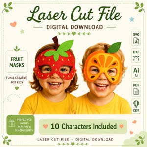 Pode incluir: Duas crianças usando máscaras com tema de frutas, uma morango vermelho e outra uma fatia de laranja. A imagem inclui o texto "Laser Cut File - Digital Download" e "Fruit Masks". As máscaras são projetadas para diversão e brincadeiras criativas.