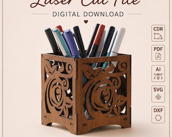 Rose Lantern & Pen Holder : Wooden Floral Desk Organizer (Laser Cut SVG)