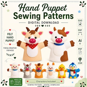 8 Farm Animal Hand Puppet Sewing Patterns | Felt Characters (Digital Download)