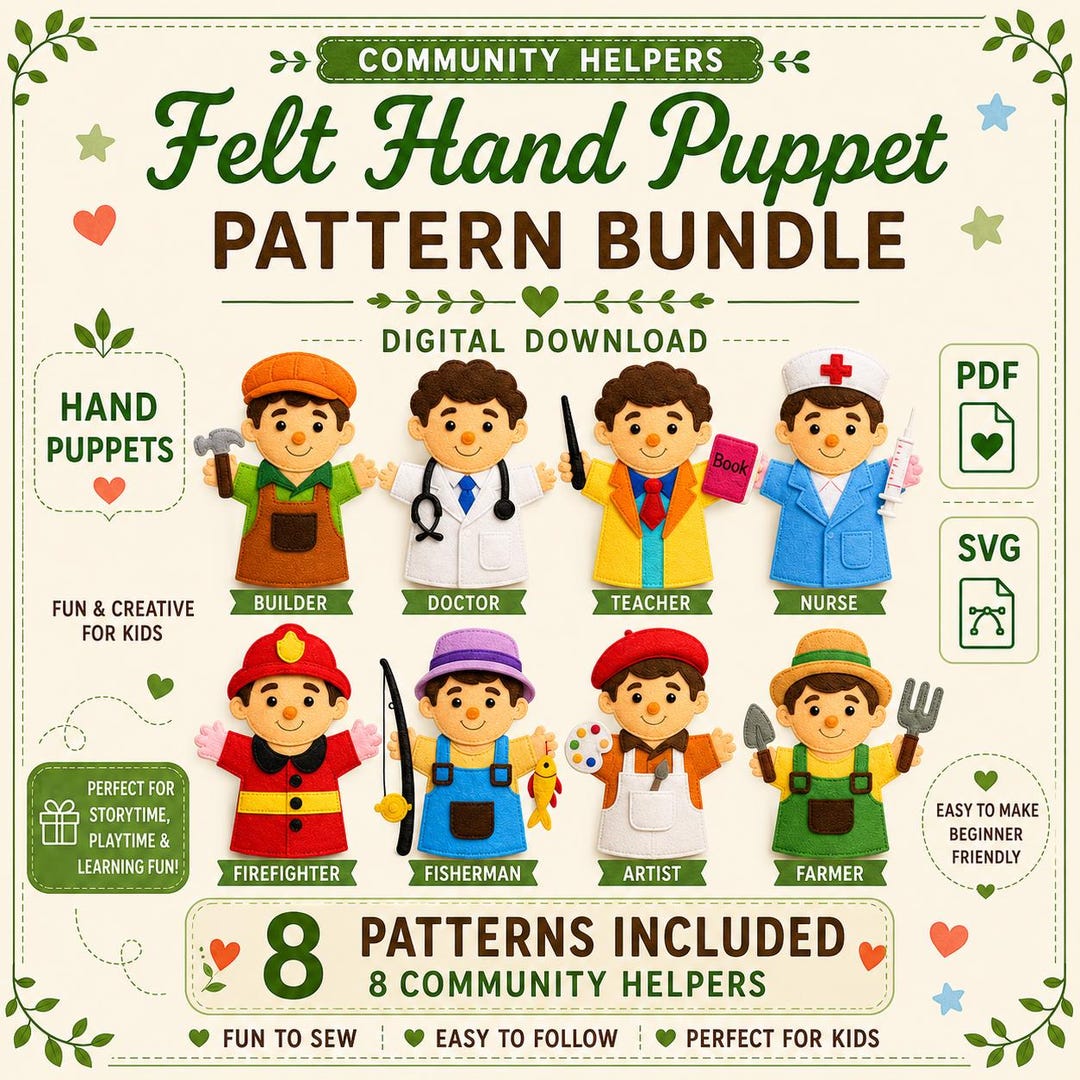 Pattern For Community Helper Community Helpers Felt Hand Puppet Patterns Bundle (8 Patterns ...