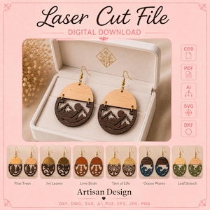 May include: A pair of round wooden earrings featuring a laser-cut mountain landscape design with a sun, suspended from gold-toned hooks. The digital file set includes various nature-themed patterns like pine trees, ivy, birds, trees, waves, and leaves.