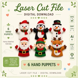 May include: A digital download graphic featuring six festive hand puppets: a bear, penguin, snowman, Santa, elf, and reindeer. Each puppet has a unique design and is wearing a scarf. The text reads "Laser Cut File - Digital Download" and "6 Hand Puppets".