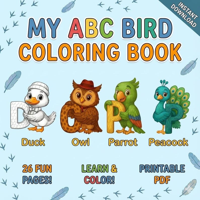 Printable Bird Alphabet Flashcards - Toddler Coloring Learning Set - Etsy