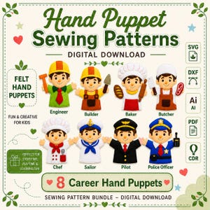 Può includere: Un download digitale di 8 cartamodelli per marionette a mano raffiguranti personaggi di varie professioni, tra cui ingegnere, costruttore, panettiere, macellaio, chef, marinaio, pilota e agente di polizia. L'immagine mostra le marionette in feltro.