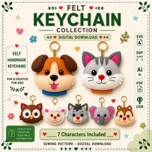 Paquete de patrones de costura para llaveros de animales de fieltro (descarga digital) – 7 diseños