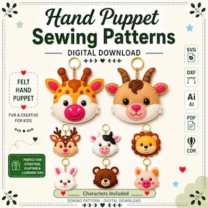 May include: Digital sewing patterns for felt hand puppets featuring eight animal designs: giraffe, goat, deer, cow, lion, rabbit, bear, and pig. Each character includes a gold-tone keychain attachment. Text includes Hand Puppet Sewing Patterns.