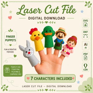 Peut inclure: Un fichier de découpe laser en téléchargement numérique pour marionnettes à doigts comprenant sept personnages. L'image montre cinq marionnettes en feutrine sur des doigts : un lapin gris, un poulet jaune, un canard vert, un fermier et une personne.