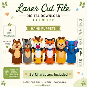 May include: Digital download file for laser cutting hand puppets. The image shows six colourful animal hand puppets: a squirrel, a wolf, a giraffe, a tiger, a lion, and an elephant. The text says "13 Cute Characters" and "Fun & Creative for Kids."