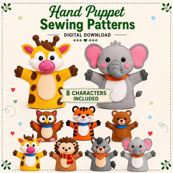 May include: Hand puppet sewing patterns digital download featuring eight felt animal characters including a giraffe, elephant, owl, tiger, bear, hedgehog, wolf, and another elephant. The text reads Hand Puppet Sewing Patterns, DIGITAL DOWNLOAD, and 8 CHARACTERS INCLUDED.