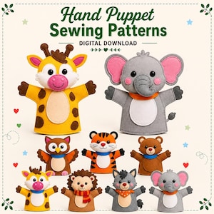 Könnte beinhalten: Handpuppen-Schnittmuster als digitaler Download mit Filz-Tierdesigns wie Giraffe, Elefant, Eule, Tiger, Bär, Igel und Wolf. Die farbenfrohen Figuren haben weiße Bäuche, rosa Akzente und ausgeprägte Gesichtszüge für kreative Projekte.