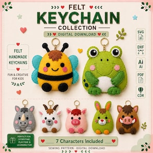 Puede incluir: Una colección digital de siete patrones de costura para llaveros de fieltro con personajes animales como abeja, rana, rinoceronte, cabra, cerdo, conejo y jabalí. La imagen muestra los llaveros terminados con etiquetas de texto y formatos.