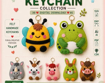 May include: A digital download collection of seven felt keychain sewing patterns featuring animal characters including a bee, frog, rhino, goat, pig, rabbit, and boar. The image displays the finished felt keychains with text labels and file formats.