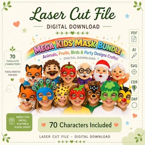 May include: A digital download laser cut file bundle featuring 70 kids mask designs including animals, fruits, birds, and party characters. The graphic displays children wearing various colorful masks like a fox, peacock, strawberry, and Santa Claus.