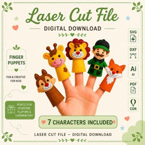 Puede incluir: Un archivo de corte láser de descarga digital para siete marionetas de dedo, incluyendo una jirafa, un león, una persona con bigote y un zorro. El diseño incluye texto como Laser Cut File, Digital Download y formatos SVG, DXF, Ai, PDF y CDR.