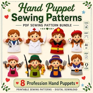 May include: A digital graphic displaying Hand Puppet Sewing Patterns with eight felt-style puppet designs representing various professions including a doctor, nurse, firefighter, artist, builder, fisher, gardener, and explorer, with file format icons.