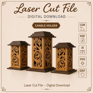 May include: Three wooden candle holders with floral cutouts, a tiered roof, and a rectangular base. The image includes the text "Laser Cut File - Digital Download" and "Candle Holder".