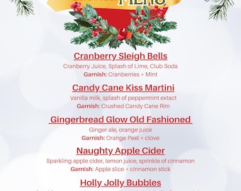 Könnte beinhalten: Eine festliche Weihnachtscocktailkarte mit rotem Hintergrund und goldenem Banner. Die Karte enthält fünf alkoholfreie Getränke: Cranberry Sleigh Bells, Candy Cane Kiss Martini, Gingerbread Glow Old Fashioned, Naughty Apple Cider und Holly Jolly Bubbles.