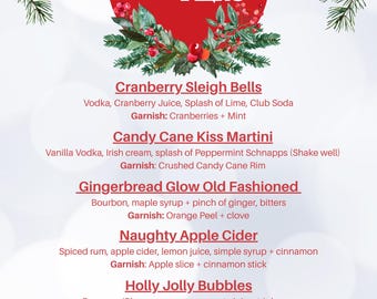 Könnte beinhalten: Eine Weihnachtscocktailkarte mit rotem kreisförmigen Hintergrund und festlichem Grün. Die Karte listet fünf Cocktails mit Weihnachtsmotto auf: Cranberry Sleigh Bells, Candy Cane Kiss Martini, Gingerbread Glow Old Fashioned, Naughty Apple Cider und Holly Jolly Bubbles.