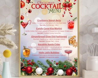 Könnte beinhalten: Ein gerahmtes Weihnachts-Cocktail-Menü mit goldenem Rand. Das Menü enthält festliche Getränke-Rezepte wie Cranberry Sleigh Bells und Candy Cane Kiss Martini, mit Illustrationen von Cocktails und Weihnachtsdekorationen.