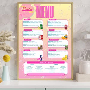 May include: A framed menu for a soda bar, with a pink and yellow design. The menu lists various soda and syrup options, including Sprite, Coca-Cola, Root Beer, Red Bull, Dr. Pepper, Fanta, Mountain Dew, and Lemonade. It also features a "Create Your Own" section.