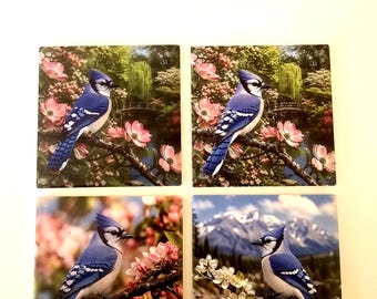 Tile Decor (4"x4") "Blue Jay" Set with Holder or Stands (Set of 4), Bird Lover or Housewarming Gift, Wildlife Decor, Gift for Women