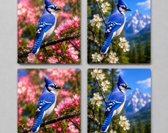 Set di piastrelle decorative (10x10 cm) "Ghiandaia azzurra" con supporto (set da 4), regalo per amanti degli uccelli o per un'inaugurazione di casa, decorazione a tema fauna selvatica, regalo per donne