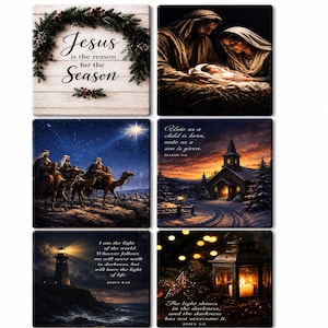Tile Decor (4"x4") Christmas with Plastic Display Stands (Set of 6), Nativity Bible Verse Religious Christmas Tile Decor