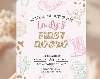 Invitación de rodeo "Silla de montar" para niña, rosa, para primer cumpleaños, estilo western, plantilla de fiesta de vaquera, editable, descarga digital en Canva