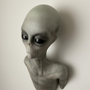 Op de afbeelding: Een grijze alien buste sculptuur met grote zwarte ogen en een slanke nek. De alien is gemonteerd op een witte muur, met gedetailleerde gelaatstrekken en een gladde huidtextuur. Een uniek stukje woondecoratie.