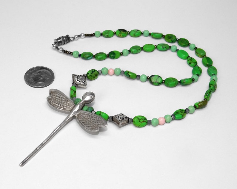 Natural Lime Turquoise Necklace with Hill Tribe Silver December Birthstone Lime Green Color- Egyptian Silver Beads Dragonfly Pendant