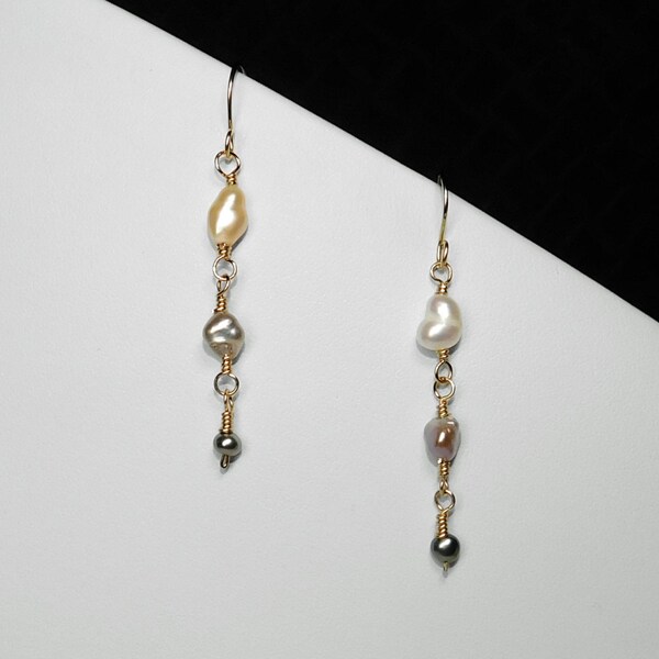 Tahitian, Japanese, and Chinese Kasumi Keshi Pearl Earrings in Rose Gold