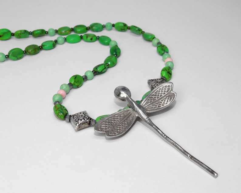 Natural Lime Turquoise Necklace with Hill Tribe Silver December Birthstone Lime Green Color- Egyptian Silver Beads Dragonfly Pendant
