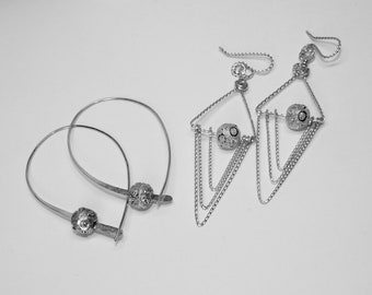 Sterling Silver Earrings,  Silver Wire Hoops, Geometric Components Earrings