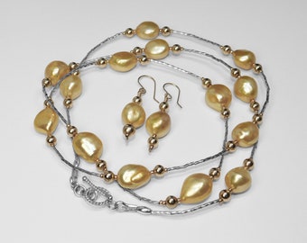 Freshwater Pearl Necklace and Earrings, Natural Color, Sterling Silver, Gold-Filled Beads, 44" Long