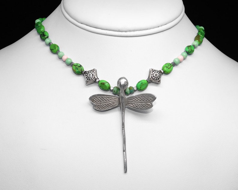 Natural Lime Turquoise Necklace with Hill Tribe Silver December Birthstone Lime Green Color- Egyptian Silver Beads Dragonfly Pendant