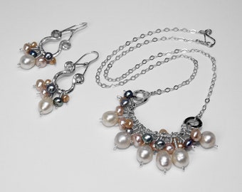 Pearl Necklace and Earring Set in Sterling Silver