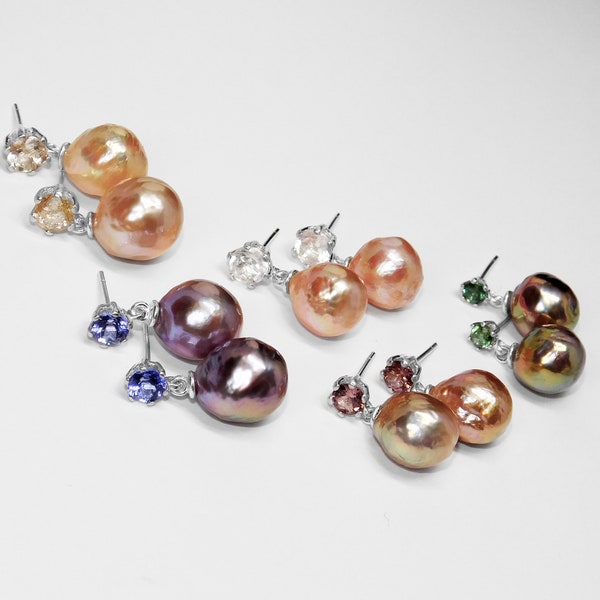 Large, Pearl Studs With Gemstones in Silver - Choice