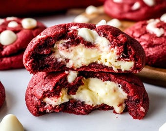 May include: Close-up of two halves of a red velvet cookie with a creamy white filling. The cookie is studded with white chocolate chips. Other cookies are visible in the background, along with a red and white striped cloth.