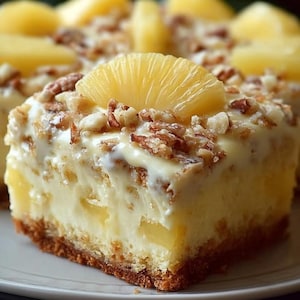 Könnte beinhalten: Ein Stück Ananas-Käsekuchen mit goldbraunem Boden, cremiger Füllung und belegt mit gehackten Pekannüssen und frischen Ananasscheiben. Der Nachtisch wird auf einem weißen Teller serviert.