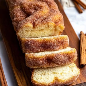 May include: A sliced loaf of cinnamon sugar bread on a wooden board. The bread has a golden-brown, sugar-coated crust and a soft, light interior. Cinnamon sticks are placed on the side of the board.