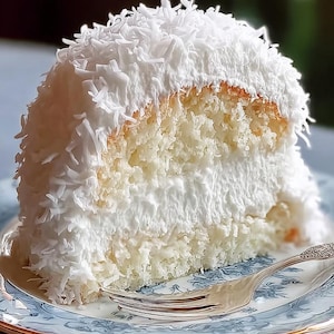Puede incluir: Una rebanada de pastel de coco en un plato con estampado azul y blanco con un tenedor plateado. El pastel tiene capas de glaseado blanco y está cubierto de coco rallado. El pastel es un postre.