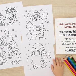 K&ouml;nnte beinhalten: Eine Sammlung von Ausmalbildern zum Thema Weihnachten mit Weihnachtsmann, Rentieren, einem Pinguin und Kindern, die einen Baum schm&uuml;cken. Ein Buch mit dem Titel "Mein weihnachtliches Malbuch" ist ebenfalls vorhanden, zusammen mit Buntstiften.