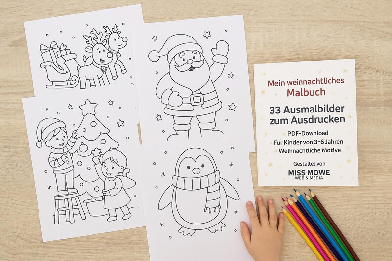 K&ouml;nnte beinhalten: Eine Sammlung von Ausmalbildern zum Thema Weihnachten mit Weihnachtsmann, Rentieren, einem Pinguin und Kindern, die einen Baum schm&uuml;cken. Ein Buch mit dem Titel "Mein weihnachtliches Malbuch" ist ebenfalls vorhanden, zusammen mit Buntstiften.