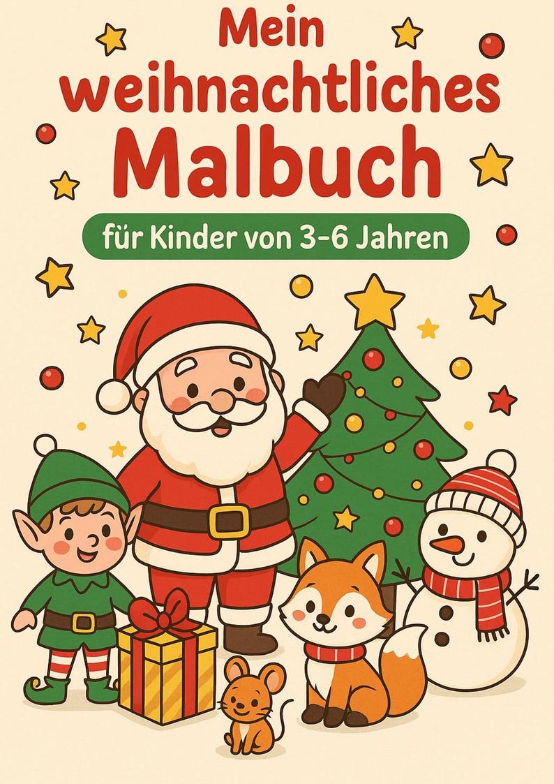 K&ouml;nnte beinhalten: Ein Kinder-Malbuch-Cover mit dem Titel "Mein weihnachtliches Malbuch" in Rot, mit Weihnachtsmann, Elf, Fuchs, Schneemann, Maus und Weihnachtsbaum. Der Text "f&uuml;r Kinder von 3-6 Jahren" ist ebenfalls vorhanden.