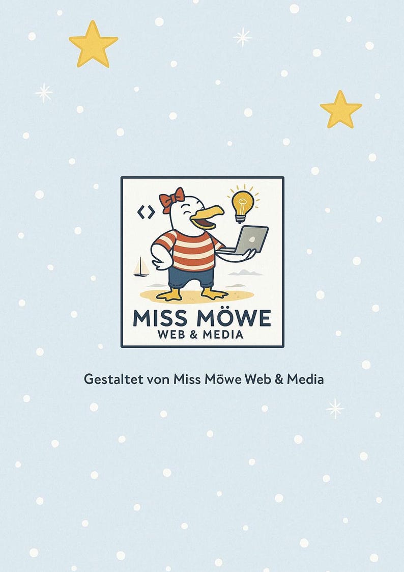 K&ouml;nnte beinhalten: Hellblauer Hintergrund mit wei&szlig;en Punkten und zwei gelben Sternen. Ein quadratisches Logo zeigt eine Cartoon-M&ouml;we mit einem Laptop und einer Gl&uuml;hbirne. Der Text lautet "MISS M&Ouml;WE WEB & MEDIA" und "Gestaltet von Miss M&ouml;we Web & Media."