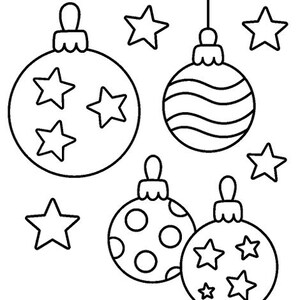 K&ouml;nnte beinhalten: Schwarz-wei&szlig;e Strichzeichnung von Weihnachtskugeln und Sternen. Die Kugeln haben Stern-, Streifen- und Tupfenmuster. Geeignet zum Ausmalen oder f&uuml;r festliche Bastelprojekte.