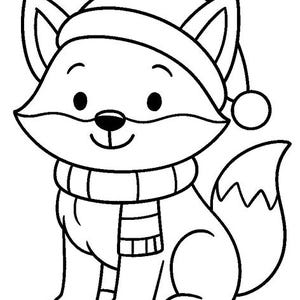 K&ouml;nnte beinhalten: Schwarz-wei&szlig;e Cartoon-Illustration eines Fuchses mit Winterm&uuml;tze und Schal. Der Fuchs hat gro&szlig;e Ohren, einen flauschigen Schwanz und einen l&auml;chelnden Gesichtsausdruck. Der Fuchs sitzt.