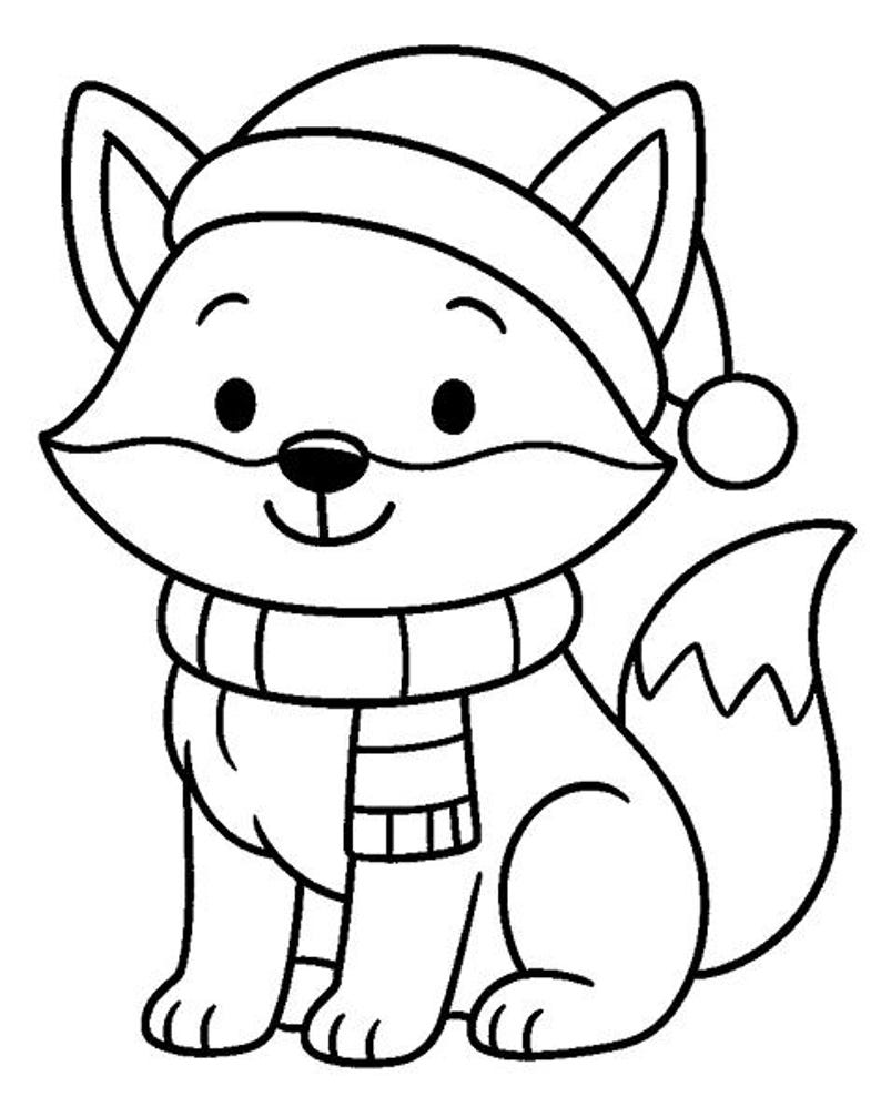 K&ouml;nnte beinhalten: Schwarz-wei&szlig;e Cartoon-Illustration eines Fuchses mit Winterm&uuml;tze und Schal. Der Fuchs hat gro&szlig;e Ohren, einen flauschigen Schwanz und einen l&auml;chelnden Gesichtsausdruck. Der Fuchs sitzt.